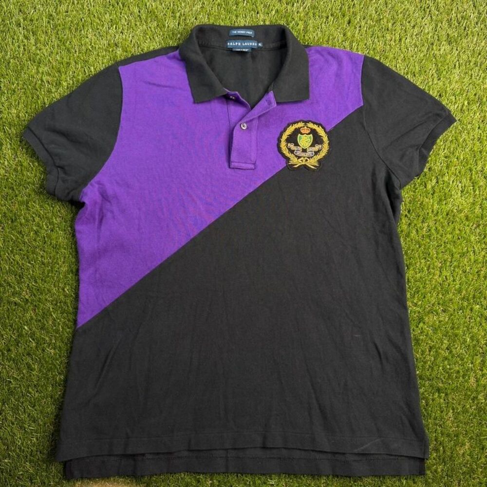Vtg Ralph Lauren Black & Purple Colorblock Skinny Polo Womens XL Crest Preppy - Picture 2 of 11